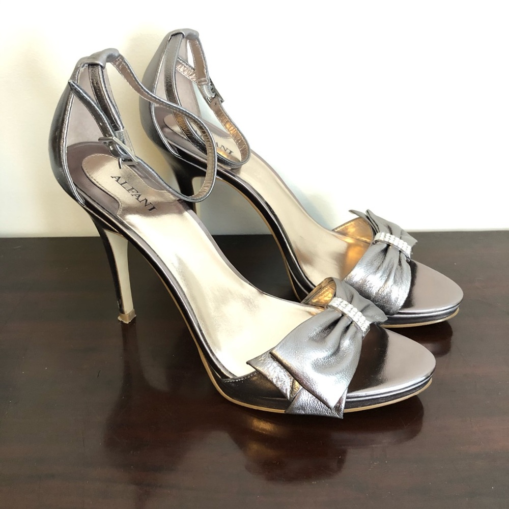 9.5M Alfani Silver heels with Crystal Bow ties